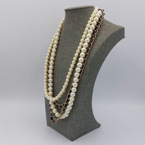 Faux Pearl Necklace 4 Strand Gold Toned Chains Laced - Picture 2 of 9